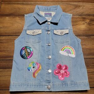 Wallflower Girl Girls Denim Vest Top w/ Lace & Patches - Size Small (7-8)